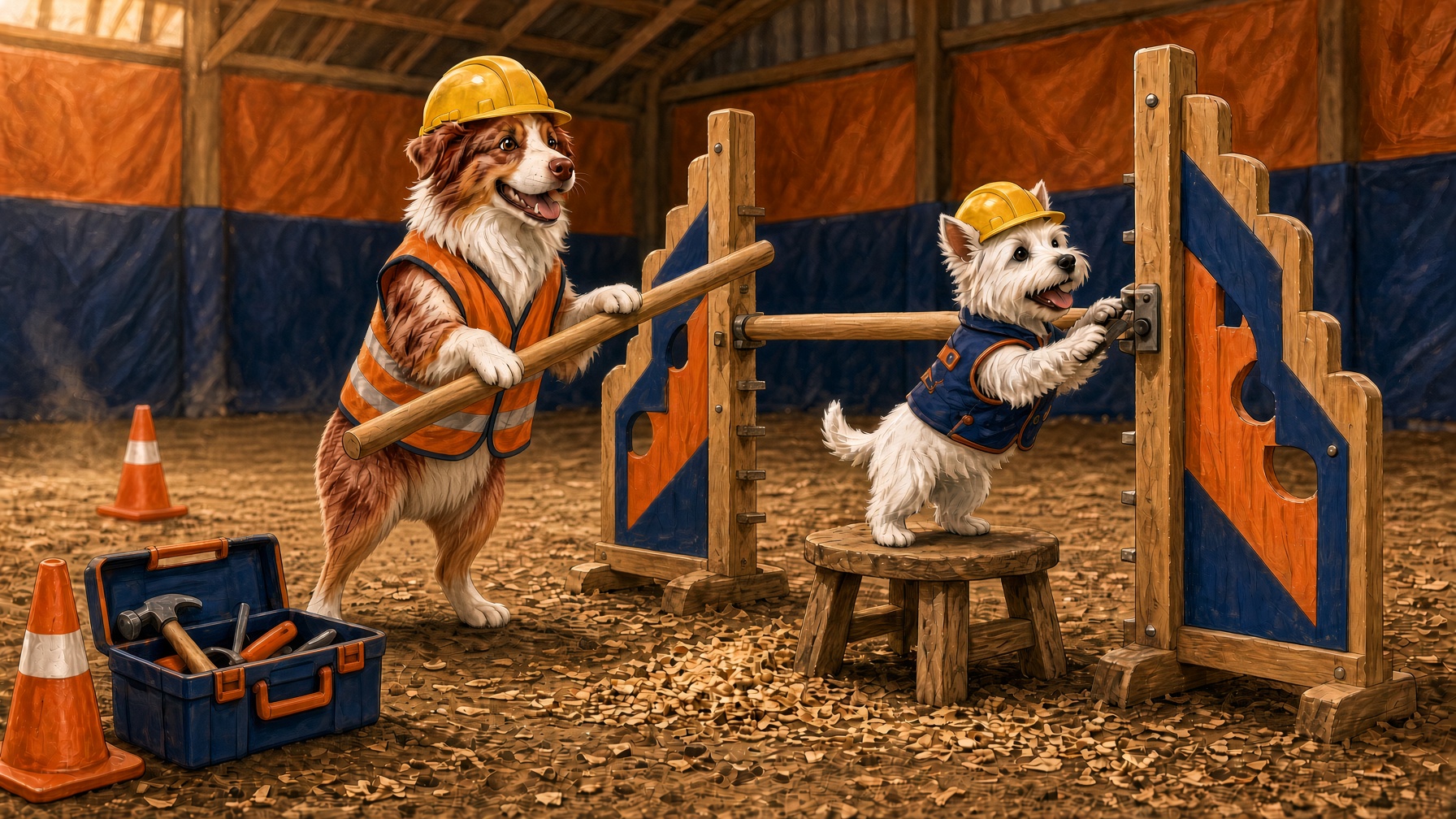 A tailless red merle Australian Shepherd and a small white dog in hard hats building an agility jump